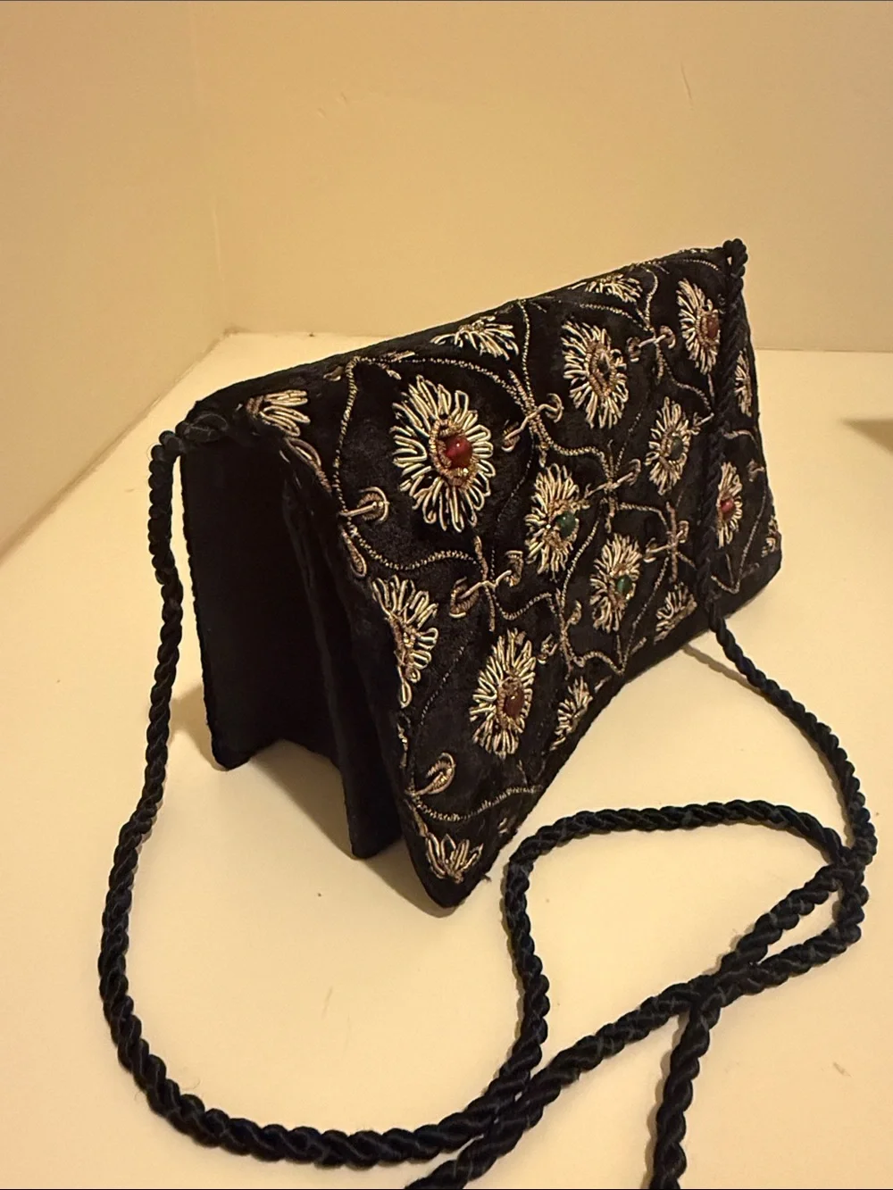 Black Embroidered Evening Crossbody Bag with Jewel Accents (Vintage)